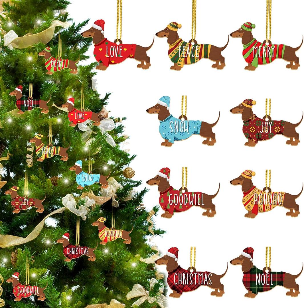 Chunful 54 Pcs Dachshund Tree Ornaments Christmas Dog Hanging Ornaments Wood Dog Figurines for Christmas Tree Hanging Pet Decorations Party Gifts, 9 Styles (Dachshund)