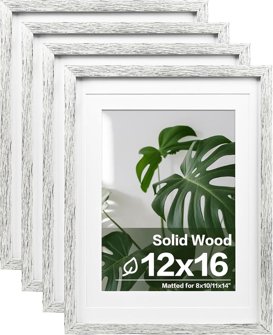 Egofine 12x16 Picture Frames Set of 4, Made of Solid Wood Covered by Plexiglass 9x12 and 11x14 with Mat or 12x16 without Mat, for Wall Mounting Photo Frame Driftwood White