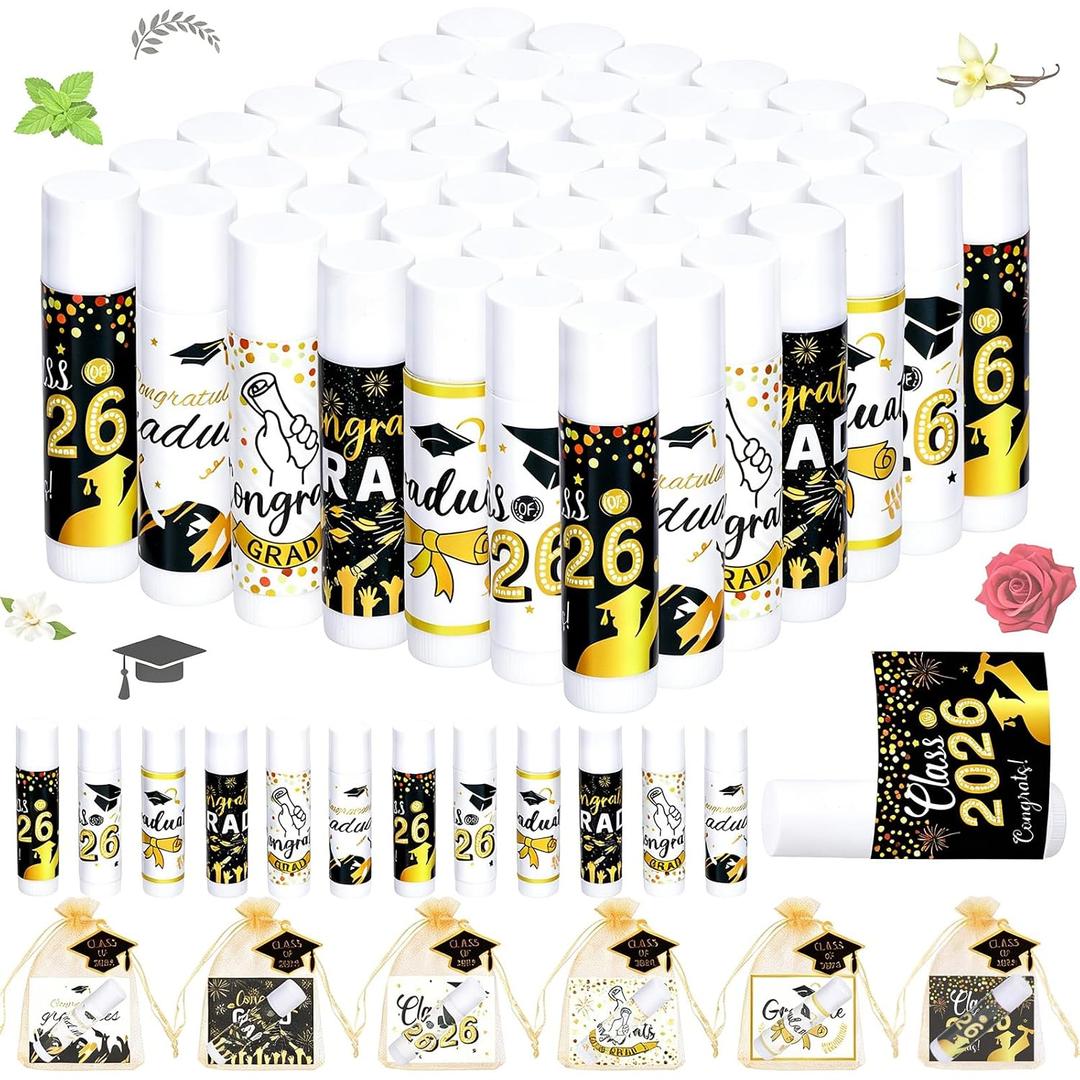 50 Set 2026 Graduation Gift Bulk Lip Balms Class of Graduation Party Favors with 6 Assorted Flavors Inspirational Graduation Gifts with 50 Organza Bags and Cards for Students Graduation Party