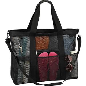 Mesh Beach Bag for Women, Sand-Resistant Pool Tote, 9 Pockets (1 Inner Zip), Foldable Family Travel Essentials, Black