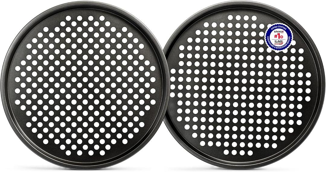 Bakken- Swiss Non-Stick Pizza Pan with Holes - 13-Inch Perforated Pizza Crisper Carbon Steel Pizza Pan - 2 Round Pizza Trays - PFOA PFOS and PTFE Free (Black)