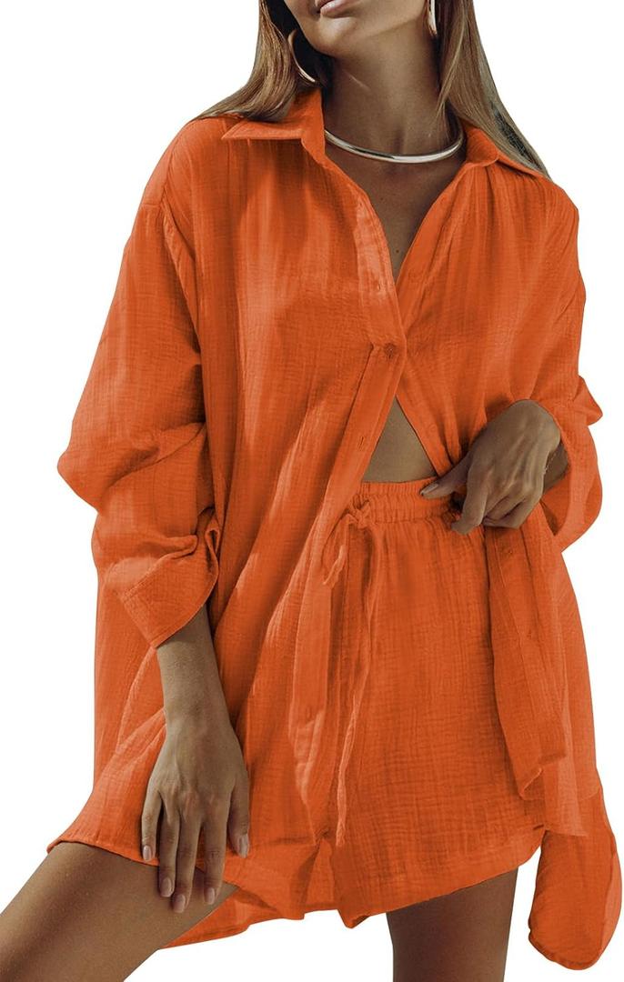 Fixmatti Women 2 Piece Outfits Long Sleeve Button Down Blouse and Shorts Sweatsuit Sets (Small, Orange)