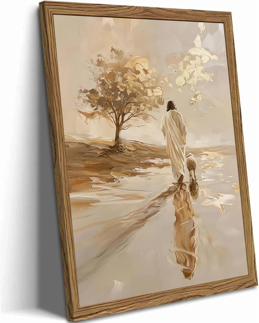 Framed Jesus and Lamb Canvas Wall Art, Christian Jesus Leaves the 99 Sheep Wall Decor Paintings, Bible Good Shepherd Pictures Prints Religious Home Decor for Prayer Room Bedroom Church 16x24 inch