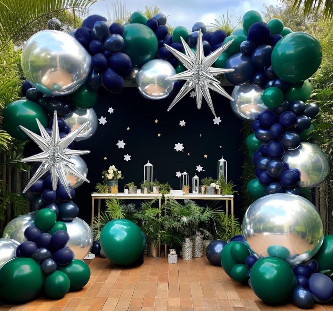 Navy Blue Green Silver Balloon Garland Double Stuffed Dark Green Silver Forest Navy Balloon Metallic Arch Kit for Birthday Football Game Dinosaur Graduation Party Decoration