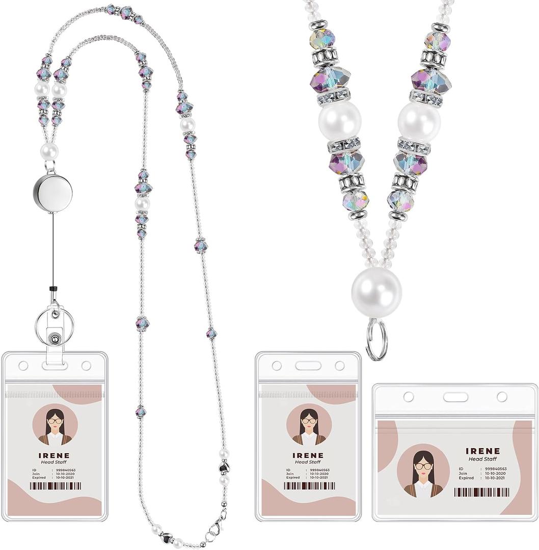 Teacher Lanyards for Id Badges and Keys, Beaded Badge Lanyard with Retractable Reel Pearl Necklace Cute Lanyards for Women (Purple Blue)