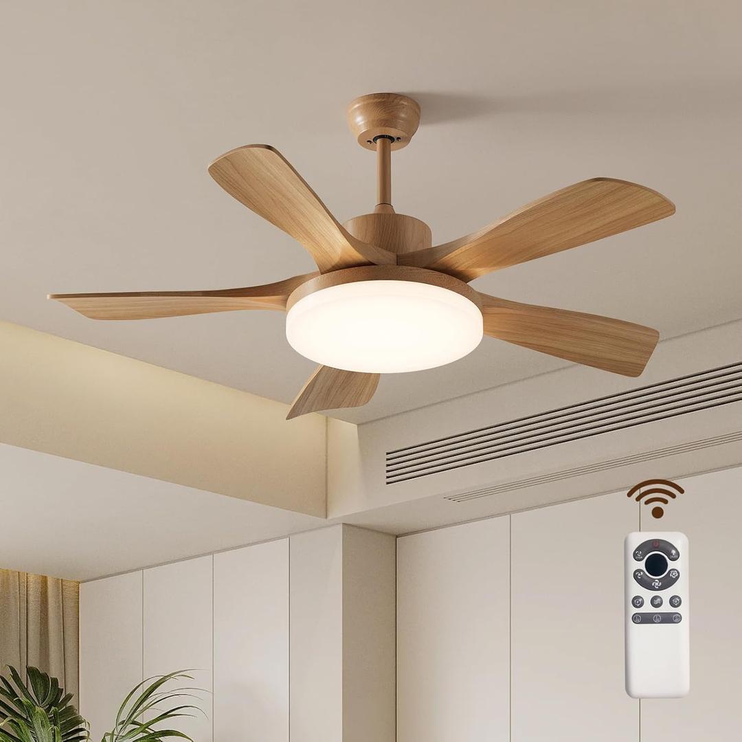 46 Inch Wood Ceiling Fan with Remote, Solid Wood 5 Blade Ceiling Fan with Light, Burlywood Rustic Outdoor Light with Fan Flush Mount for Patios Living Room, Dining Room, Bedroom, Farmhouse (White)