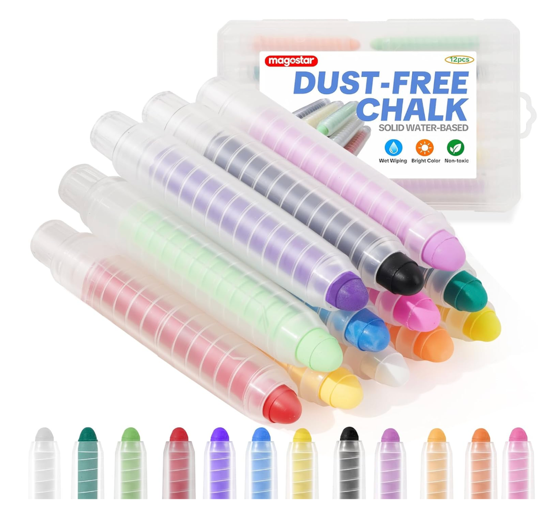 magostar Dustless Chalk for Kids, 12 Pcs NonToxic Washable Sidewalk Chalk Pens, Vibrant Colored Chalk for Chalkboard & Blackboard Drawing, Wet Erase Easy Clean Art Set