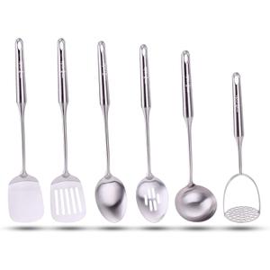Stainless Steel Kitchen Utensil Set, Cooking Utensils, Set of 6 Kitchen Tools, Solid Spoon, Slotted Spoon, Solid Turner, Slotted Turner, Soup Ladle, Potato Masher, Dishwasher Safe