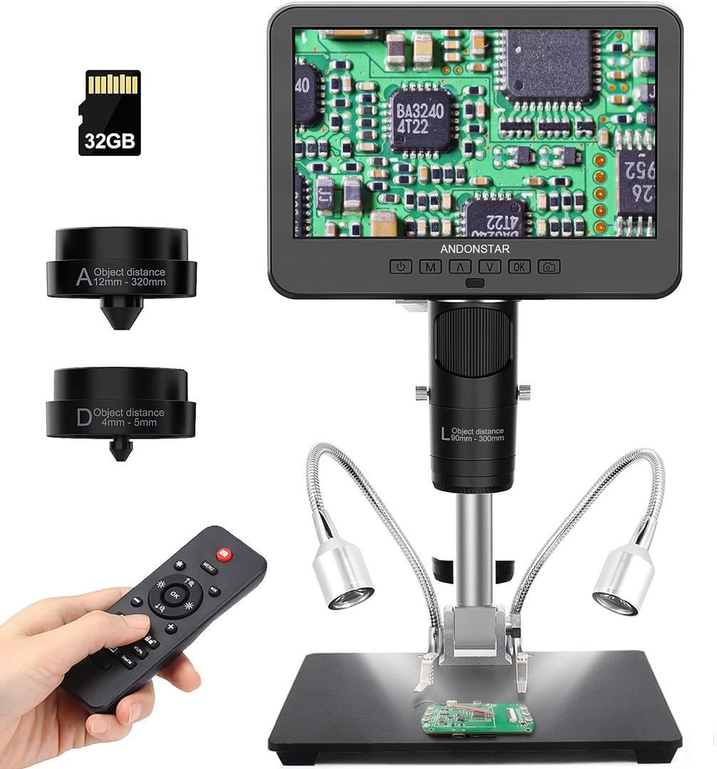Andonstar AD246S-M HDMI Digital Microscope 2000x for Adults, 3 Lens 2160P UHD Video Record, 7 Inch LCD Soldering Microscope for Electronics Repair, Error Coins, Pro Boom Arm Stand, Windows Compatible