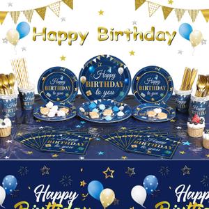 Capoda Birthday Party Supplies Happy Birthday Tableware Set Confetti Starry Tablecloth Plates Cups Napkins Dinnerware for Kids Adults Party Supplies Decor(Navy Blue and Gold)