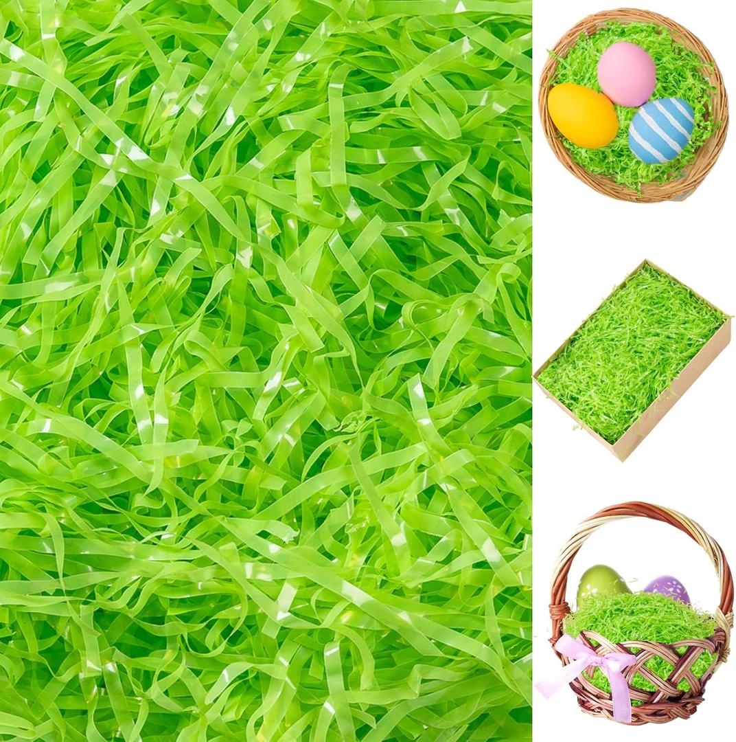 CIPOWM 230g/8oz Easter Grass Basket Filler Green Plastic Easter Fake Grass Shred Raffia Paper Fillers for Gift Wrapping Boxes Bags Basket Filling Party Supply