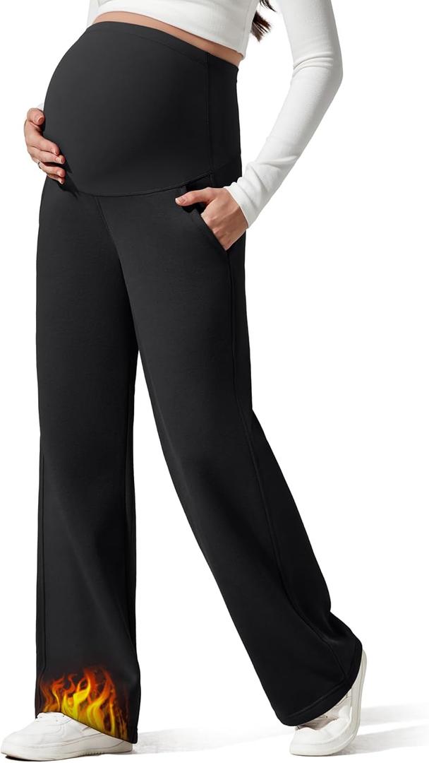 G4Free Flurrylux Fleece Lined Maternity Wide Leg Pants Cotton Over The Belly Pregnancy Sweatpants (Medium Tall, Black)