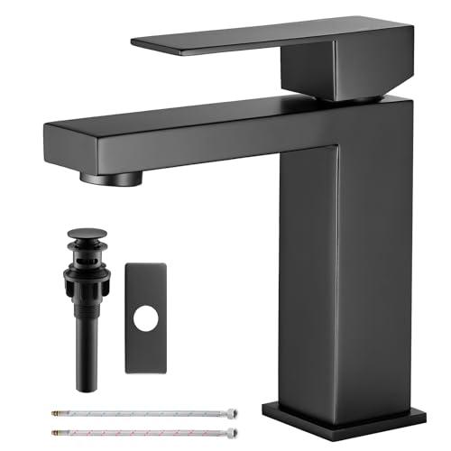 FBUKE Black Bathroom Faucet 1 Hole, Single Handle Bathroom faucets & Parts for Vanity Sink one Hole, Modern washbasin Mixer Tap, Pop up Drain Included, Matte Black SSRT304-MB