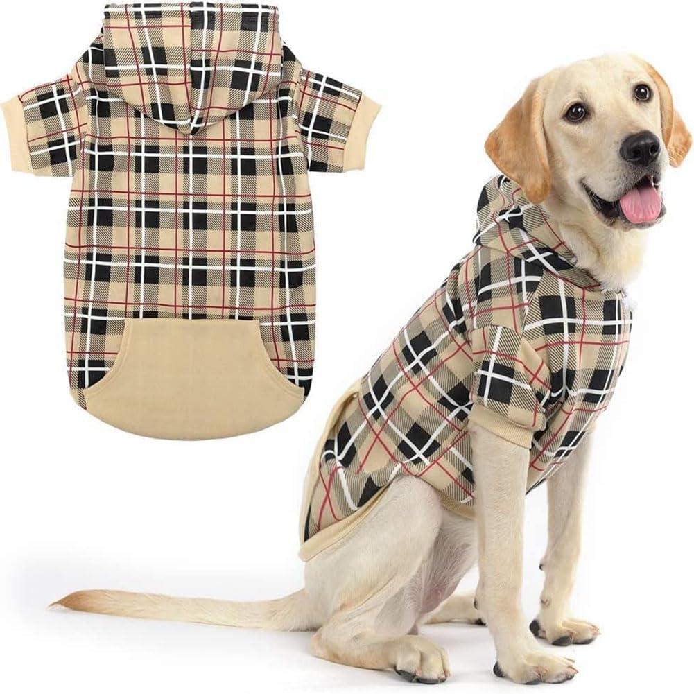 EXPAWLORER Plaid Dog Hoodie - British Style Warm Dog Sweater Shirt with Leash Hole,Pitbull Clothes Outfits,Winter Coat Apparel for All Breeds Puppy Girl Boy-Cat Apparel (Large, Beige)