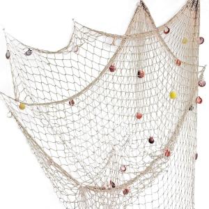 Rosoz Nature Fish Net Wall Decoration with Shells, Ocean Themed Wall Hangings Fishing Net Party Decor for Pirate Party,Wedding,Photographing Decoration (One Size, Beige)