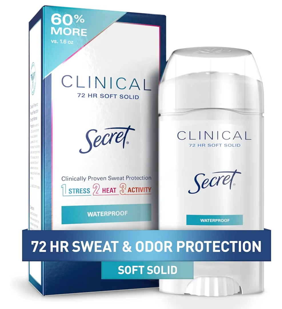 Secret Clinical Strength Antiperspirant Deodorant for Women, Waterproof, 3X Stress Protection, 72hr Sweat & Odor Protection, PH Balancing Minerals, Soft Solid, 2.6 oz