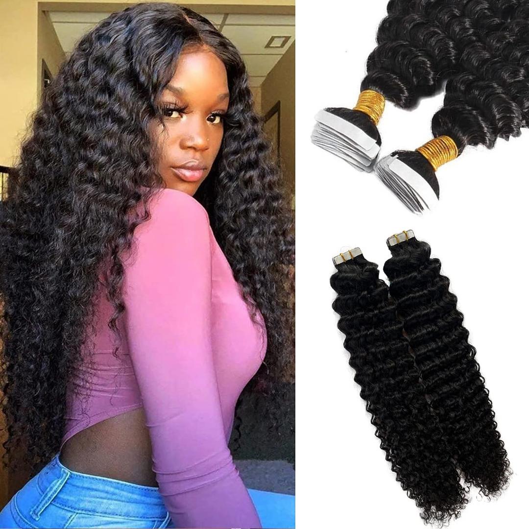 Curly Tape-in Hair Extensions - Human Hair, Black, Full Head, Soft, Real, 16Inch, 50grams/20pcs, PU Skin Weft, Curly Hair Extensions for Black Women