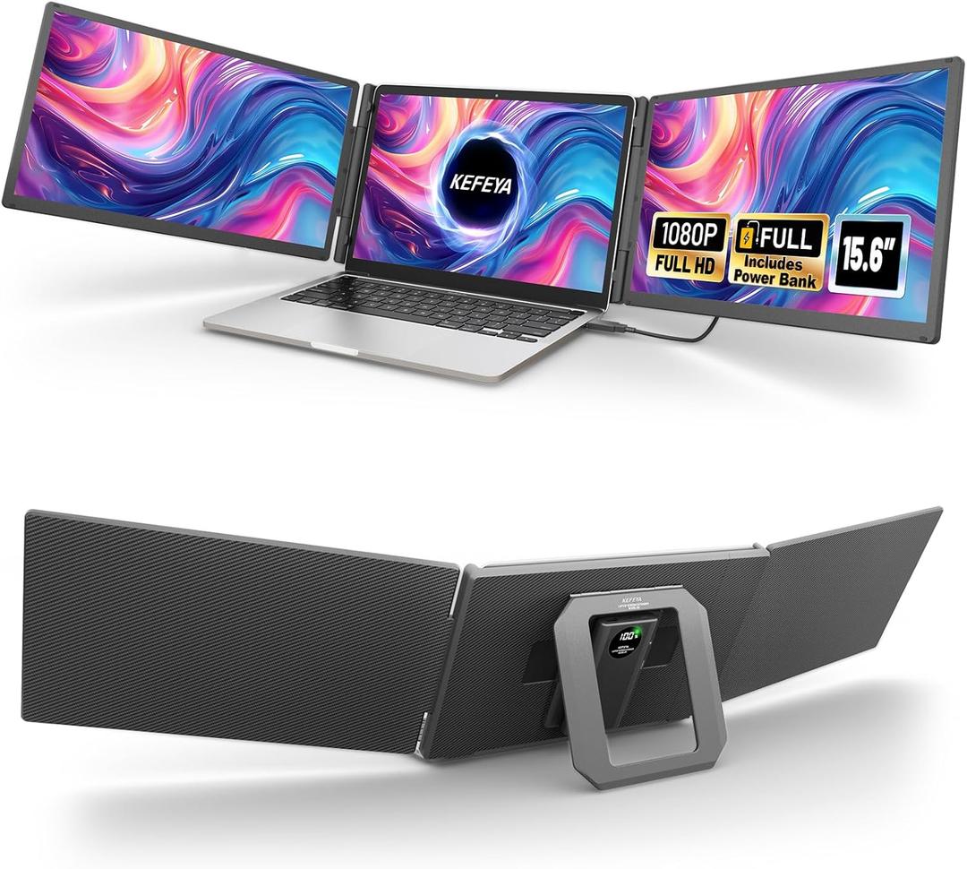 15.6" Laptop Screen Extender, with Magnetic Power Bank, 1 Cable Connect Triple Laptop Monitor Extender, 1080P FHD Monitor for Laptop, Compatible with Mac, Windows, Android for 13-17" Laptops