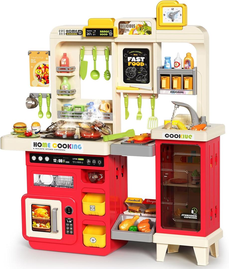 Pupu Pig Kids Kitchen Playset, Play Kitchen with Stove, Grill, Sink, Play Food, ToyKitchen Accessories, Cooking Kitchen with Lights Sound Steam, Pretend Play Toys for Kids Toddler Birthday Gifts
