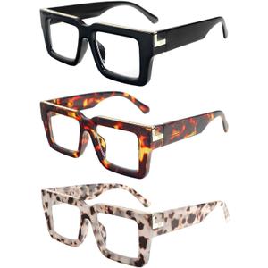REAVEE 3 Pack Reading Glasses for Women Men, Blue Light Blocking Readers Stylish Square with Spring Hinge, 0.0X