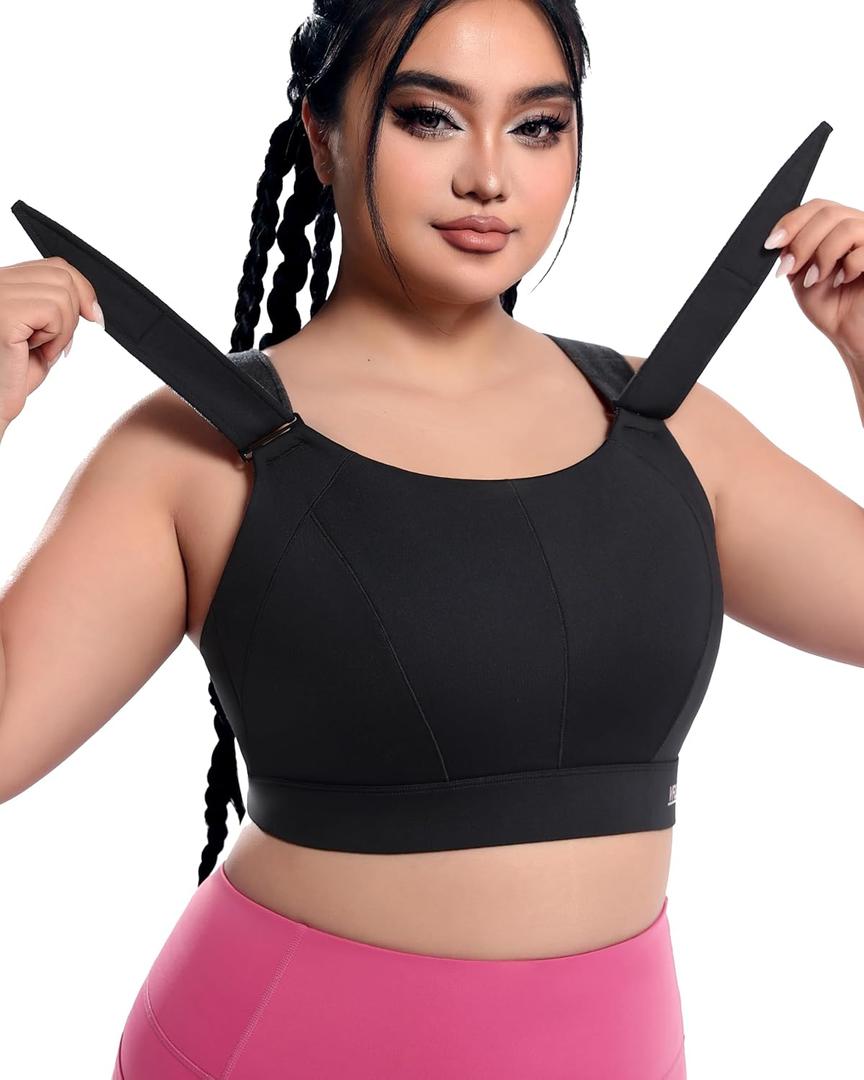 Adjustable High Impact Sports Bras Molded Cup Plus Size Bra for Large Bust Women Running Workout Gym Fitness, Large