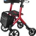 WALK MATE Rollator Walker for Seniors Taller 5.3~7ft with Height-Adjustable Seat, 10 Inch Wheels Wire-Hidden Walkers Compact Folding Design Lightweight Mobility Walking Aid Widen Backrest, Red