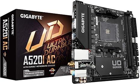 Gigabyte A520I AC (AMD Ryzen AM4/MiniITX/Direct 6 Phases Digital PWM with 55A DrMOS/Gaming GbE LAN/Intel WiFi+Bluetooth/NVMe PCIe 3.0 x4 M.2/3 Display Interfaces/QFlash Plus/Motherboard)