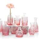 Pink Glass Bud Vases Set of 12, Vintage Mini Vases for Centerpieces, Glass Bud Vase in Bulk for Wedding Decor, Single Flowers, Office and Home Table Flower Dcor