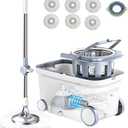 Spin Mop Bucket Deluxe 360 Spinning Floor Cleaning System with 6 Microfiber Replacement Head Refills,62" Extended Handle,4X Wheel for Home Cleaning