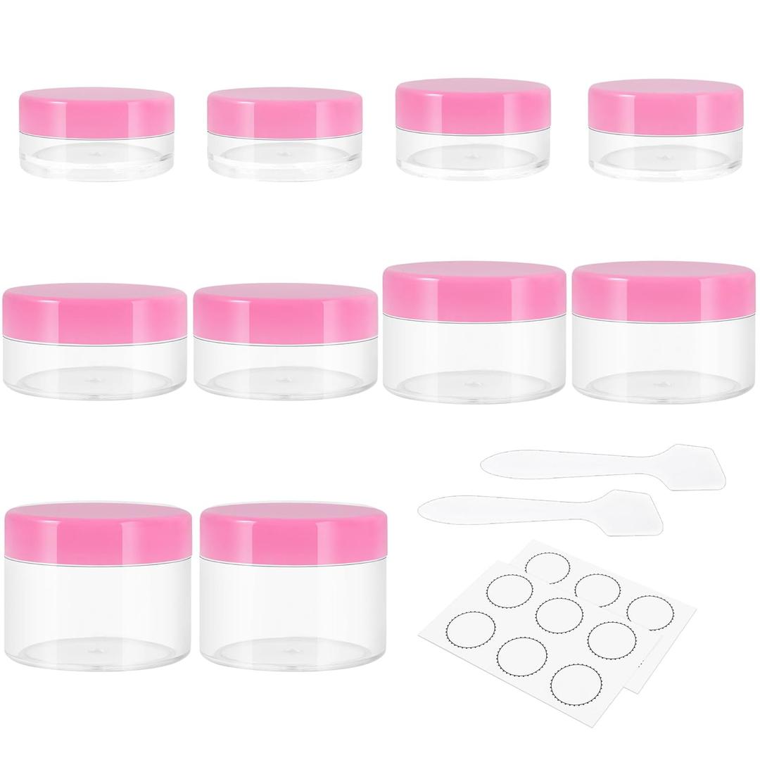 10 Pieces Small Travel Containers, 3/5/10/15/20 Gram Size for Creams, Sample With Screw Lids, 12Pcs Labels/2Pcs Mini Spatulas, Plastic Makeup (Pink)