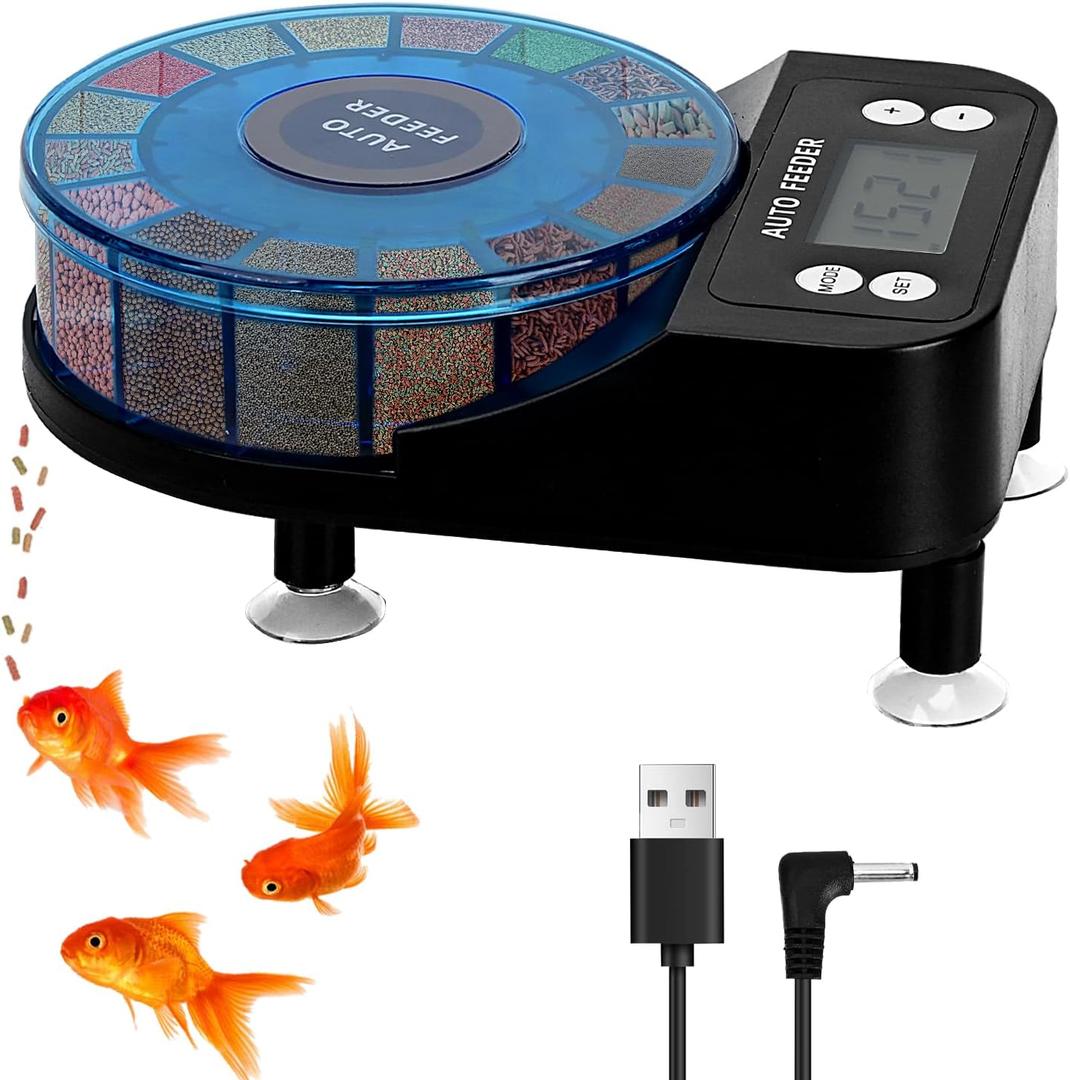 Automatic Aquarium Fish Feeder Moisture Proof Precision Fish Tank Food Dispenser with Timer Feeding Vacation Feeder, USB Rechargeable, LCD Display for Vacation Weekend Holiday(Blue)