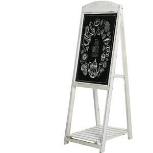 MyGift 45 Inch Tall Vintage White Weathered Paulownia Wood Sidewalk Chalkboard Sign with Plant Shelf Stand, Freestanding A-Frame Easel Erasable Message Board