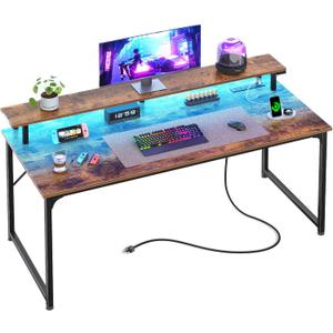 PRAISUN 48 inch Gaming Desk, LED & Outlets, Monitor Stand, Rustic Brown