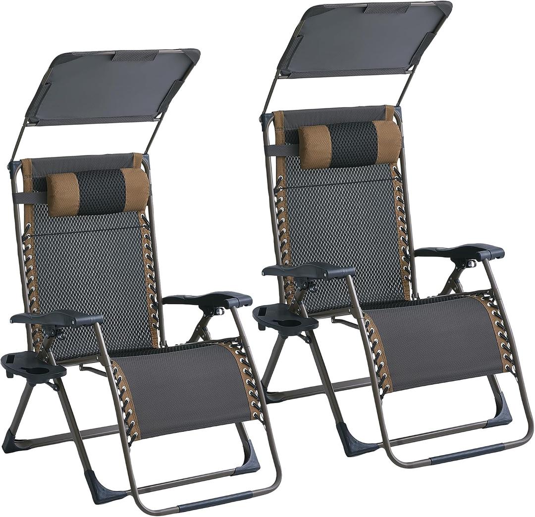 2 Pack Zero Gravity Chairs with Canopy, Adjustable Folding Patio Anti Gravity Recliner Outdoor Lounger with Tray & Headrest for Beach Camping, 400lbs Weight Capacity