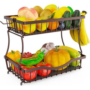 Bronze 2 Tier Large Fruit Basket for Kitchen Counter with 2 Banana Hangers, Metal Fruit Bowl for Onion Vegetable Bread Snack, Countertop Organizer  14.5" W x 9.5" D