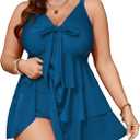 SCOMCHIC Women's Plus Size Swimsuit One Piece Tummy Control Ruffled Swim Dress V Neck Tankini Swimwear Bathing Suit (3X-Large Plus, Lake Blue)