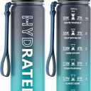 QLUR Water Bottle with Straw, 32oz Motivational Water Bottles with Time Marker to Drink, Tritan BPA Free, 1L Sports Water Bottle with Carry Strap LeakProof for Women Gym Fitness Outdoor (1 Pack) (Dark Blue)