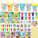 Funrous 146 Pcs Summer Party Favors, DIY Stickers Button Pins Badges Stampers Lids Straws Cups Cards Whistles for Beach Pool Summer Birthday Party Favor Supplies Hawaiian Tropical Tiki Aloha Gift Sets