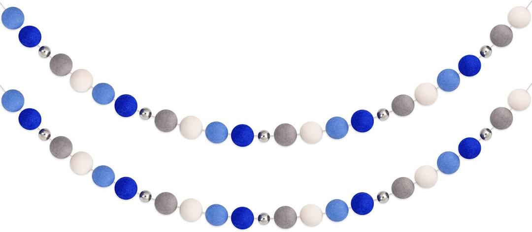 Hanukkah Pom Pom Garlands - Hanukkah Decorations - Chanukah Blue Dark Blue Grey Silver Bead White Felt Ball Garlands for Home Tree Mantle - Chanukah Jewish Party Indoor Outdoor Hanging Decor
