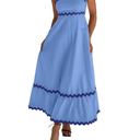 dowerme Women Summer Dresses 2025 Spaghetti Straps Sleeveless Smocked Rickrack Trim Boho Flowy Loose A-Line Midi Dress L