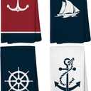 Nautical Hand Kitchen Towels, Boat Accessories,Nautical Bathroom Decor, Navy Blue Coastal Sailboat Dishtowels, Anchor Dish Towels Decoration 16 x 24 Inch Set of 4