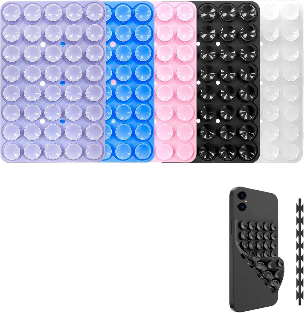5 Pack Silicone Double-Sided Suction Cup Phone Case Detachable Mount, Hands-Free Strong Grip Holder Stand for Selfies and Videos (Black+Pink+Purple+Blue+Transparent)