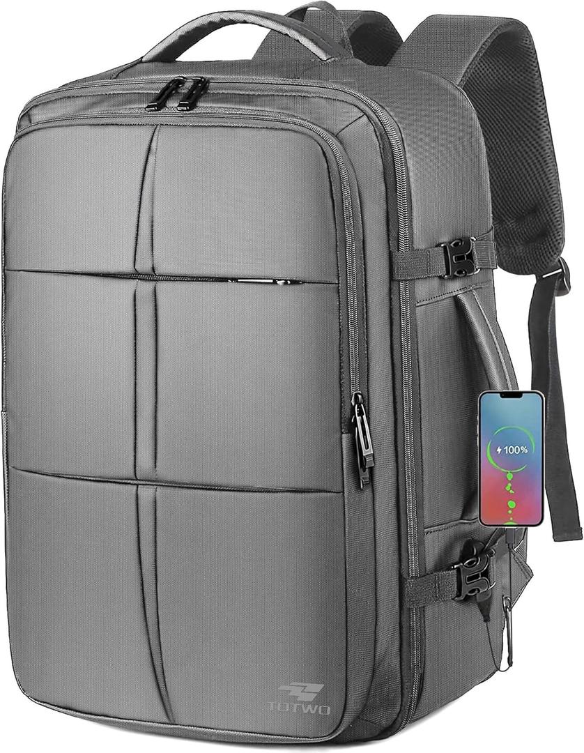 Carry On Backpack, Travel Backpack Flight Approved with USB Charging Port, 55L Expandable Weekender Daypack Overnight Fits 18.4 Inch Laptops Suitcase Bag, Grey