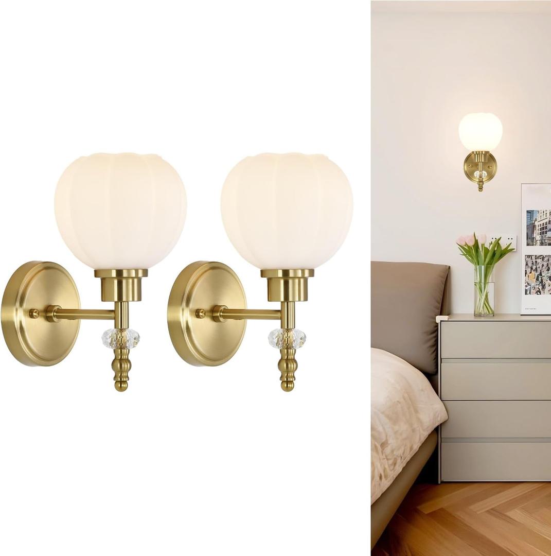 Vintage Milk Glass Wall Sconces Set of 2, Brushed Gold Flower Bud Wall Lamps for Bedroom Bathroom Living Room Hallway, E26 Base Bedside Wall Sconce Not Included Bulbs