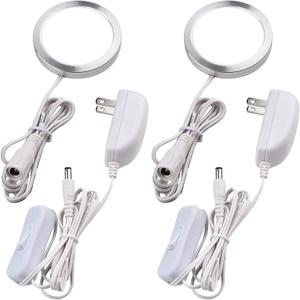 Single Under Cabinet Puck Light, Collection Display Cases Bookshelf Counter LED Lighting, 120V Electric Wired Wall Plug in, On Off Switch, White Cords, 2 Packs, Daylight