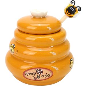 BuleVina Ceramic Honey Pot with Wooden Dipper - Small Bee Hive Jar Honey Storage with Lid Stir Bar (5 Oz) - Farmhouse Kitchen Decor, Tea Accessories, Dishwasher Safe Honey Dispenser Kitchen Supplies