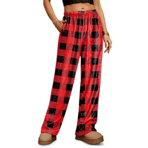 Women's Christmas Fleece Winter Warm Elastic Waist Funny Holiday Xmas Lady Pants Buffalo Plaid with Pocket L