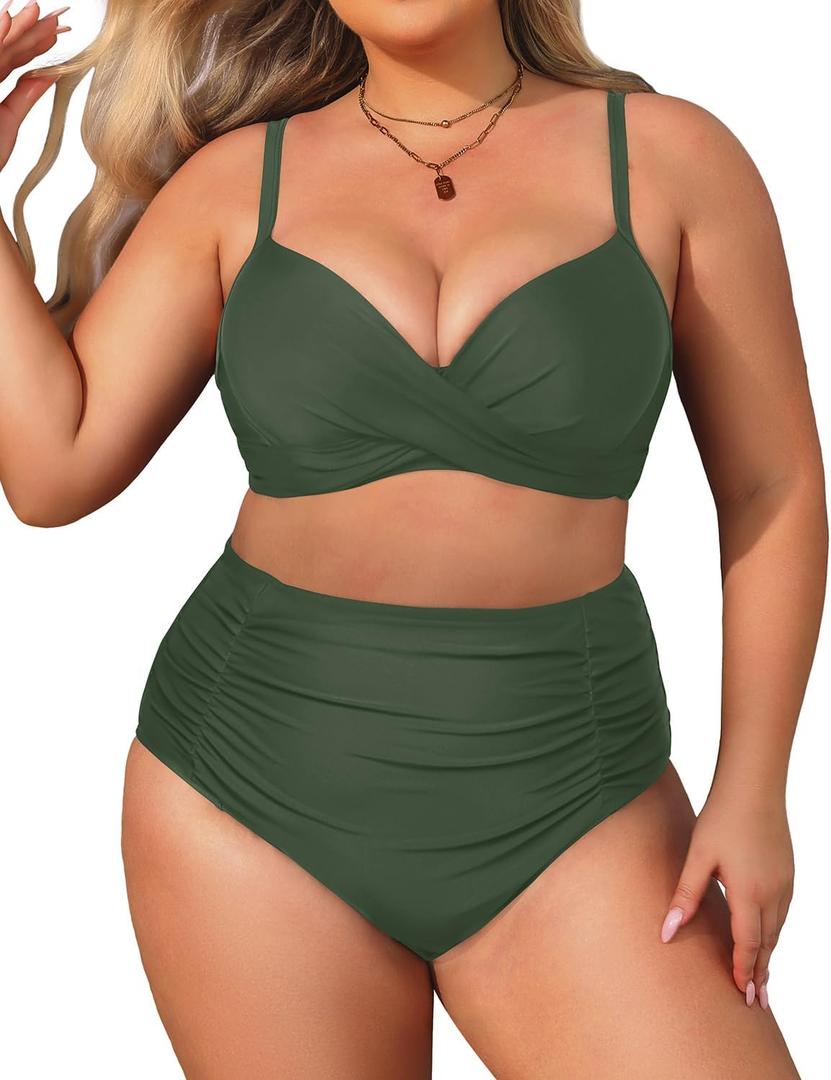 Aqua Eve Women Plus Size Underwire Bikini Two Piece Swimsuit High Waisted Tummy Control Bathing Suit Army Green 20W