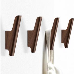 Wood Wall Hooks 4 Pack Coat Hooks Wall Mount Walnut Wooden Hooks for Hanging Hat, Bag, Backpack, Rustic Coat Hooks for Wall, Wood Towel Hooks for Bathrooms and Entryway Hooks (Walnut, Dark)