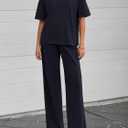 BTFBM Summer Outfits For Women 2026 Two Piece Sets Casual Short Sleeve Spring Tops Wide Leg Pants Matching Lounge Set (S)